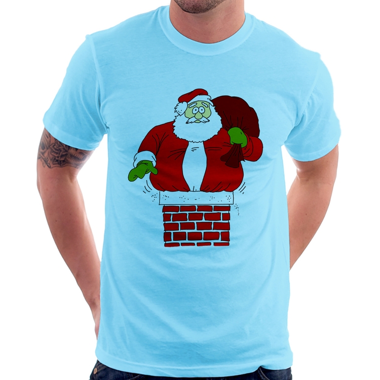 Camiseta Papai Noel Chaminé - Azul Bebê