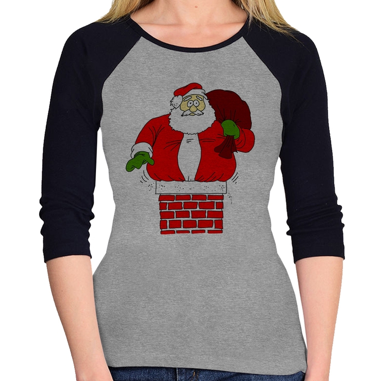 Baby Look Raglan Papai Noel Chaminé Manga 3/4 - Cinza/Preto