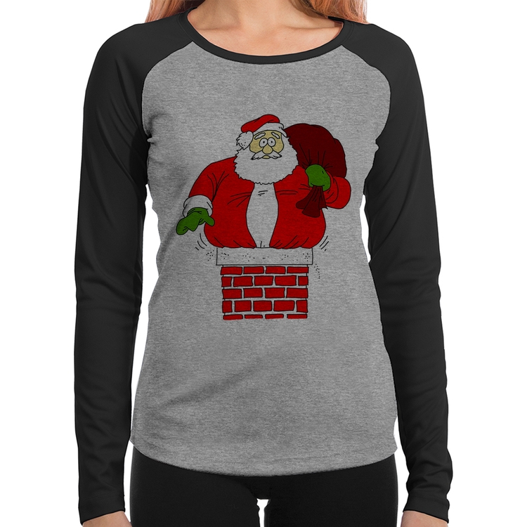 Baby Look Raglan Papai Noel Chaminé Manga Longa - Cinza/Preto