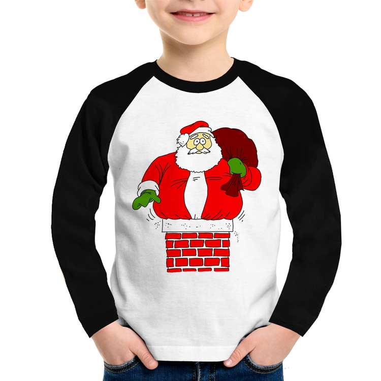 Camiseta Raglan Infantil Papai Noel Chaminé Manga Longa