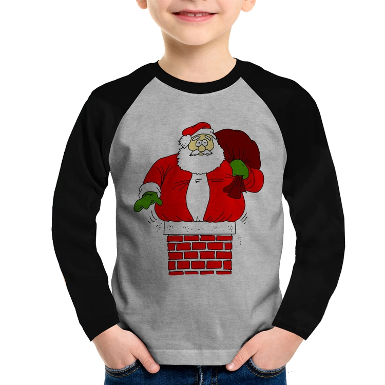 Camiseta Raglan Infantil Papai Noel Chaminé Manga Longa - Cinza/Preto