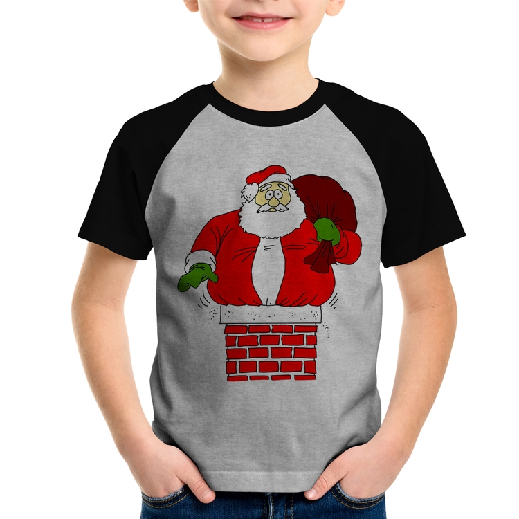 Camiseta Raglan Infantil Papai Noel Chaminé - Cinza/Preto