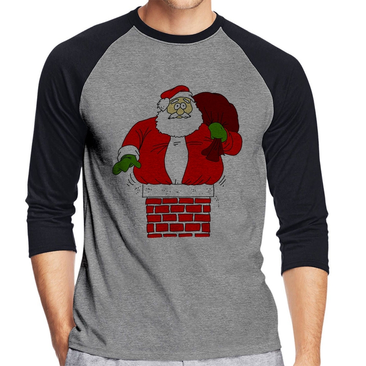 Camiseta Raglan Papai Noel Chaminé Manga 3/4 - Cinza/Preto