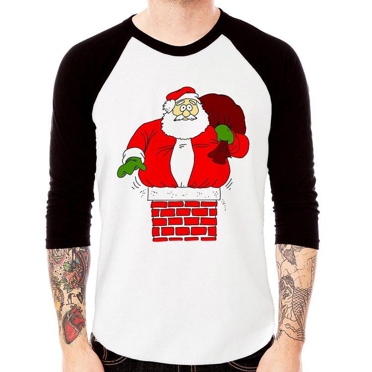 Camiseta Raglan Papai Noel Chaminé Manga 3/4