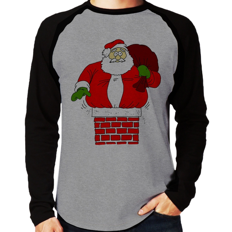 Camiseta Raglan Papai Noel Chaminé Manga Longa - Cinza/Preto