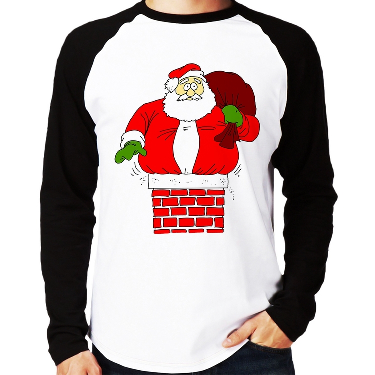 Camiseta Raglan Papai Noel Chaminé Manga Longa