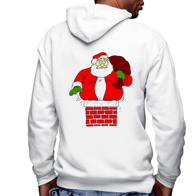 Blusa Moletom Papai Noel Chaminé Masculina com Capuz e Zíper - Branca