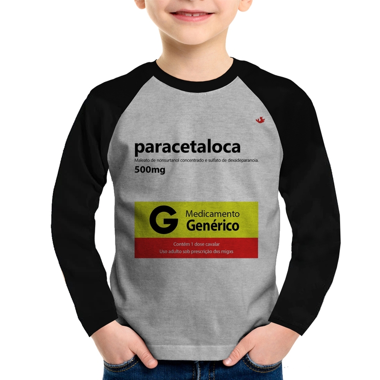 Camiseta Raglan Infantil Paracetaloca Manga Longa - Cinza/Preto