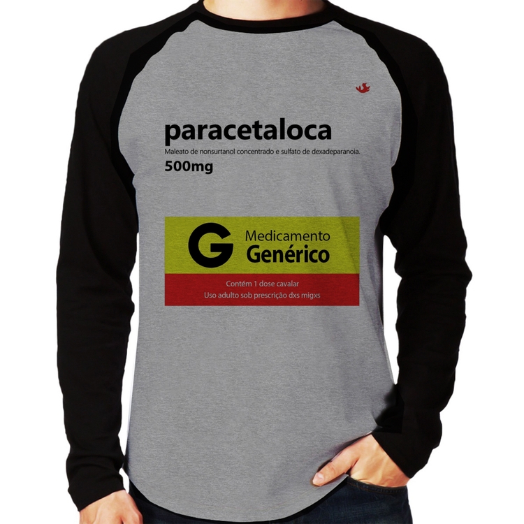 Camiseta Raglan Paracetaloca Manga Longa - Cinza/Preto