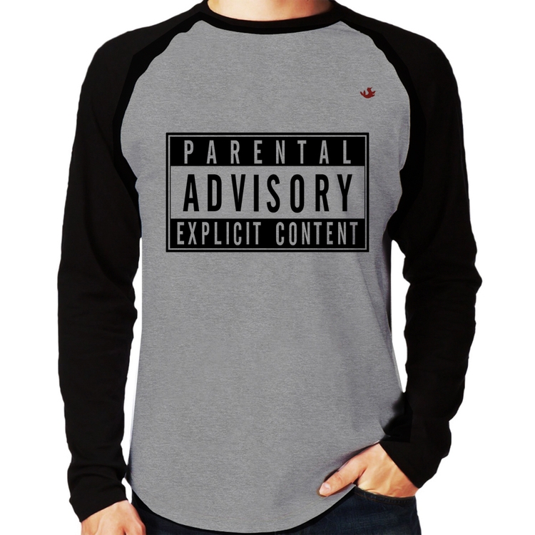 Camiseta Raglan Parental Advisory: Explicit Content Manga Longa - Cinza/Preto