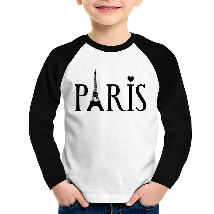 Camiseta Raglan Infantil Paris Torre Eiffel Manga Longa