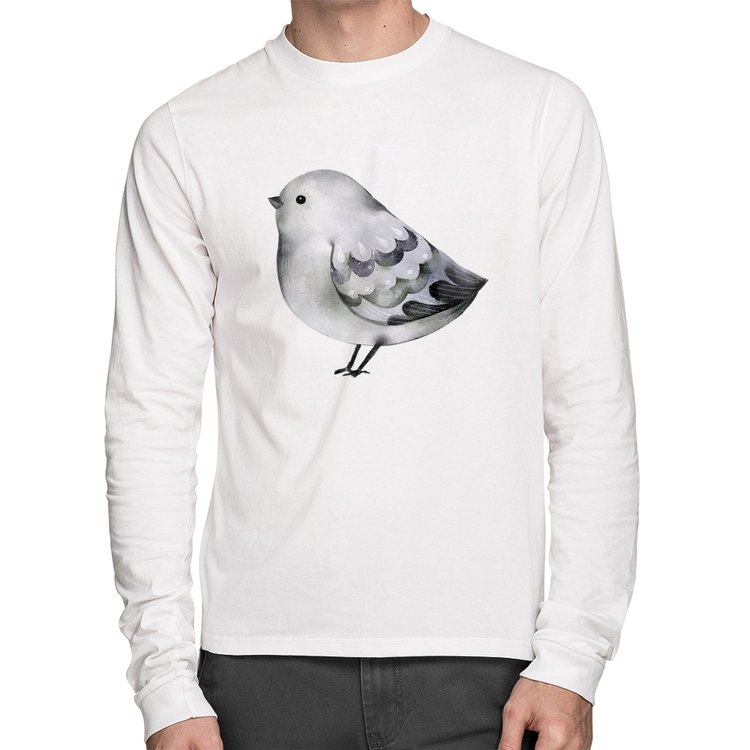 Camiseta Algodão Pássaro Arte Manga Longa - Branca