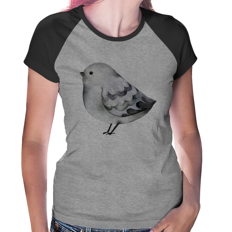 Baby Look Raglan Pássaro Arte - Cinza/Preto