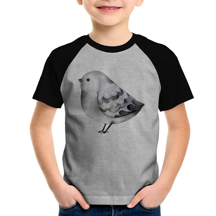 Camiseta Raglan Infantil Pássaro Arte - Cinza/Preto