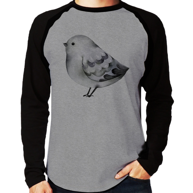 Camiseta Raglan Pássaro Arte Manga Longa - Cinza/Preto