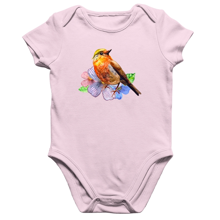 Body Bebê Algodão Pássaro e Flores - Rosa Bebê