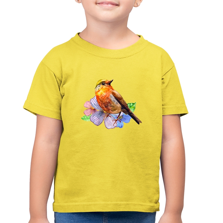 Camiseta Algodão Infantil Pássaro e Flores - Amarelo Canário