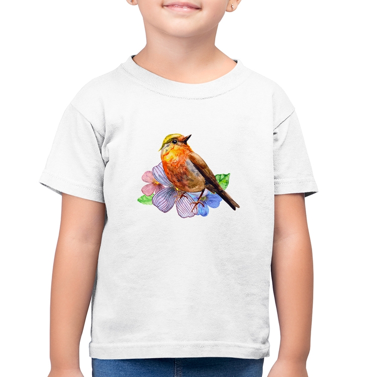 Camiseta Algodão Infantil Pássaro e Flores - Branca