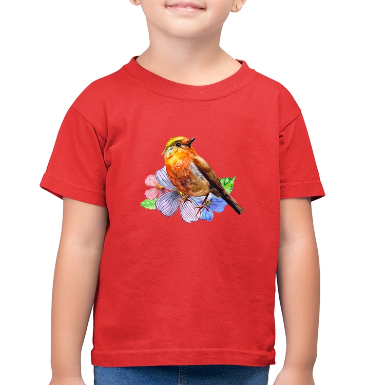Camiseta Algodão Infantil Pássaro e Flores - Vermelha