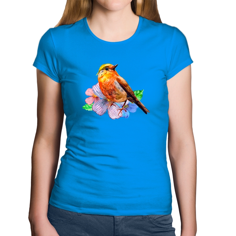 Baby Look Algodão Pássaro e Flores - Azul