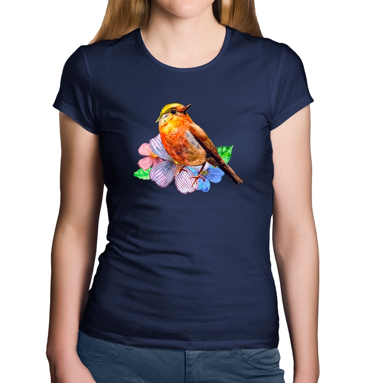 Baby Look Algodão Pássaro e Flores - Marinho