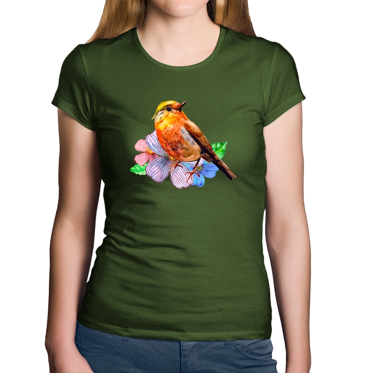 Baby Look Algodão Pássaro e Flores - Musgo