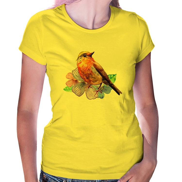 Baby Look Pássaro e Flores - Amarela