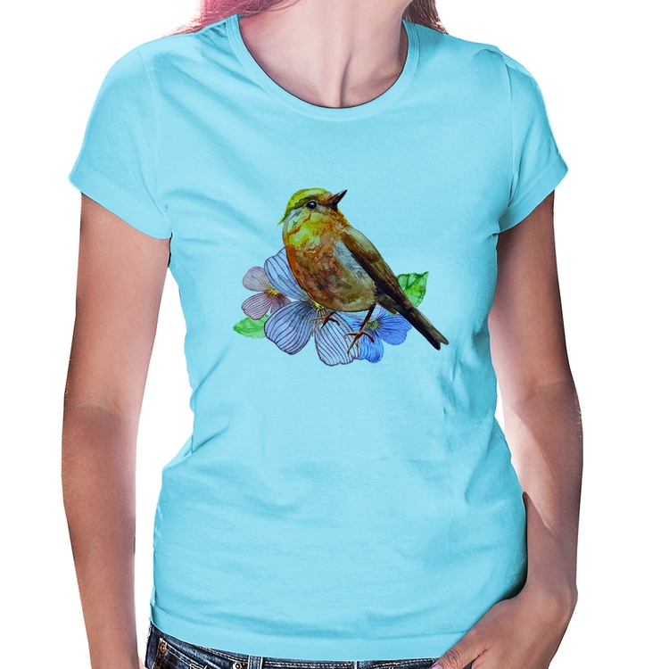 Baby Look Pássaro e Flores - Azul Bebê