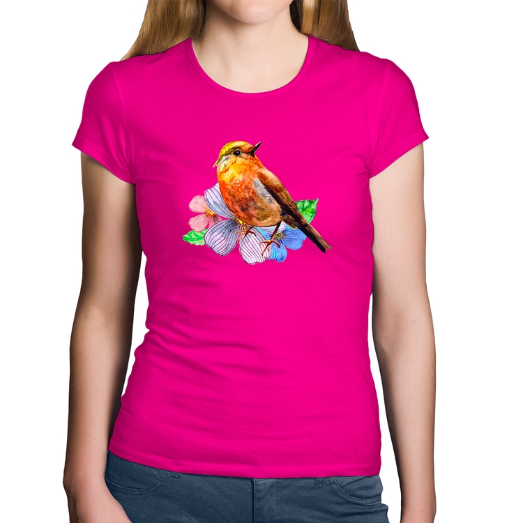 Baby Look Algodão Pássaro e Flores - Rosa