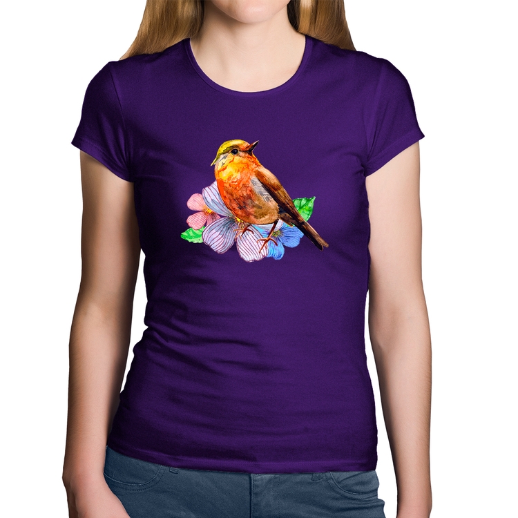 Baby Look Algodão Pássaro e Flores - Roxa