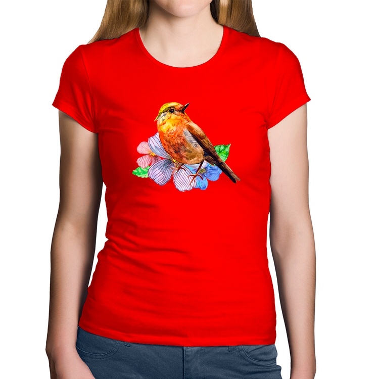 Baby Look Algodão Pássaro e Flores - Vermelha