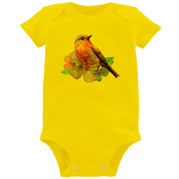 Body Bebê Pássaro e Flores - Amarelo
