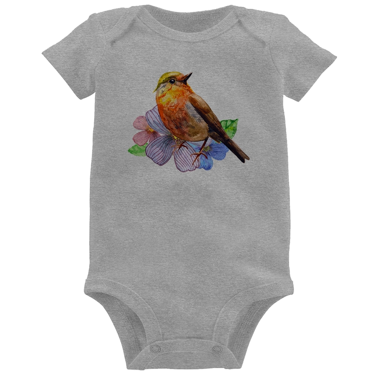 Body Bebê Pássaro e Flores - Cinza