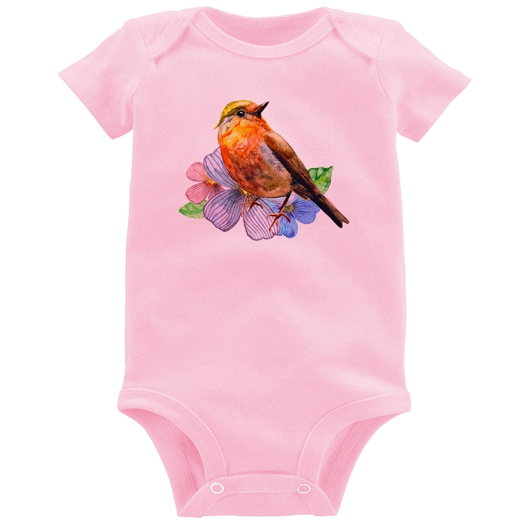 Body Bebê Pássaro e Flores - Rosa Bebê