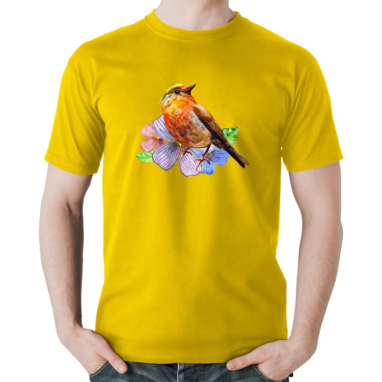 Camiseta Algodão Pássaro e Flores - Amarela