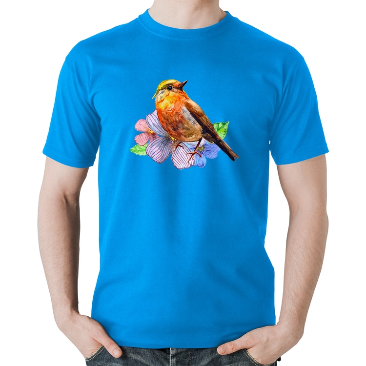 Camiseta Algodão Pássaro e Flores - Azul