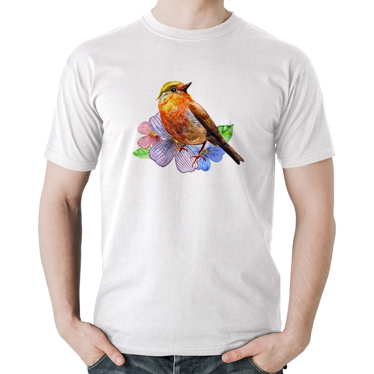Camiseta Algodão Pássaro e Flores - Branca
