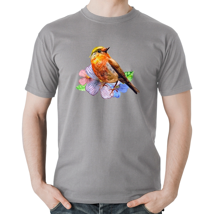 Camiseta Algodão Pássaro e Flores - Cinza