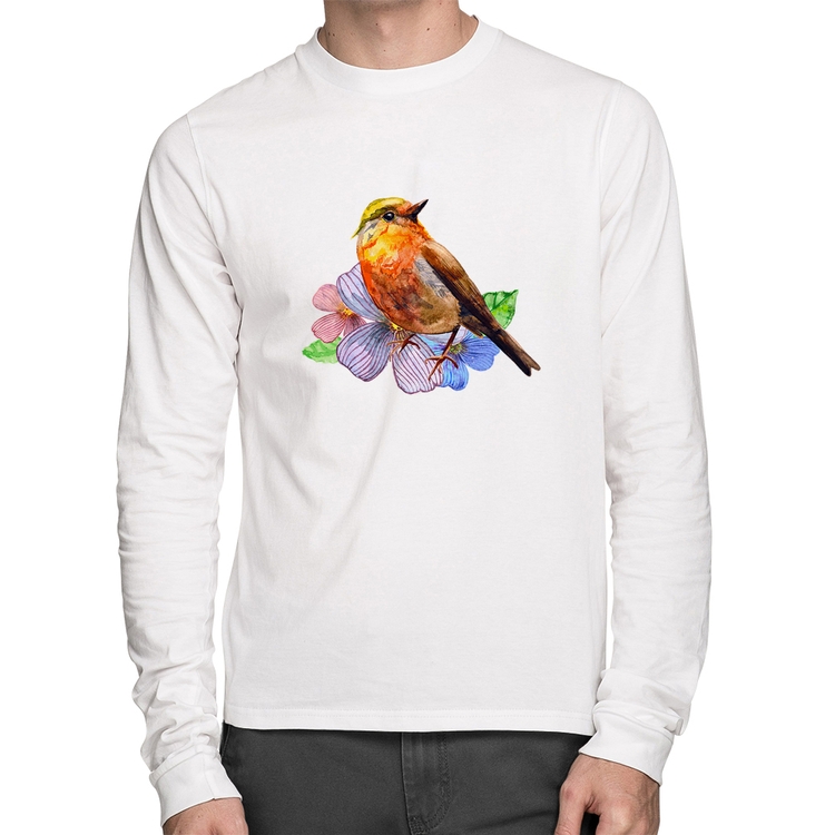 Camiseta Algodão Pássaro e Flores Manga Longa - Branca