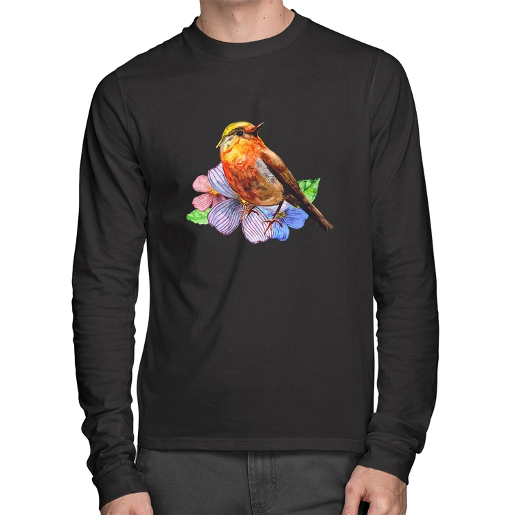 Camiseta Algodão Pássaro e Flores Manga Longa