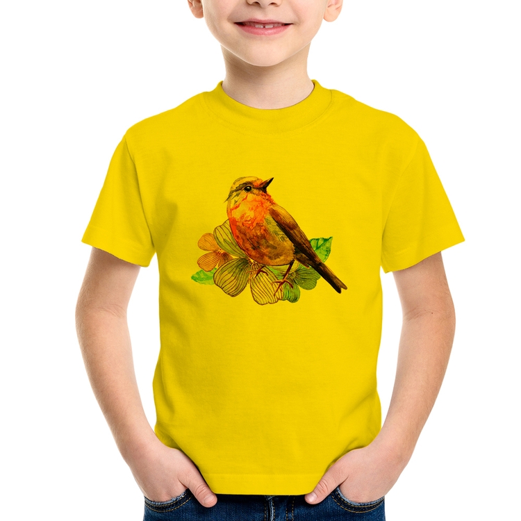 Camiseta Infantil Pássaro e Flores - Amarela