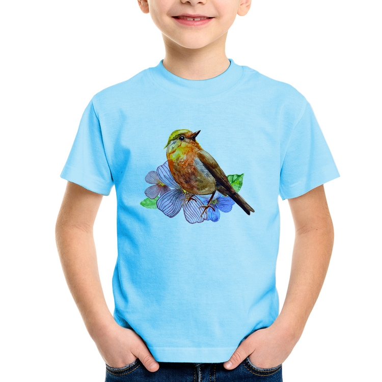 Camiseta Infantil Pássaro e Flores - Azul Bebê