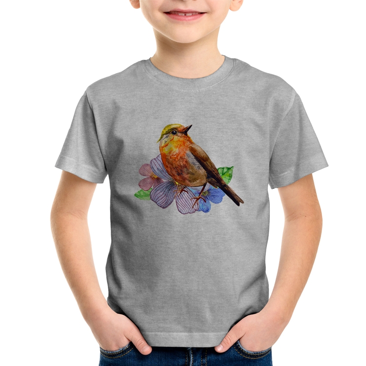 Camiseta Infantil Pássaro e Flores - Cinza