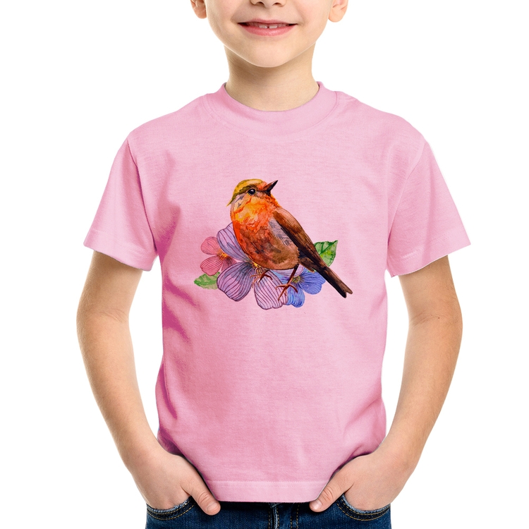 Camiseta Infantil Pássaro e Flores - Rosa Bebê