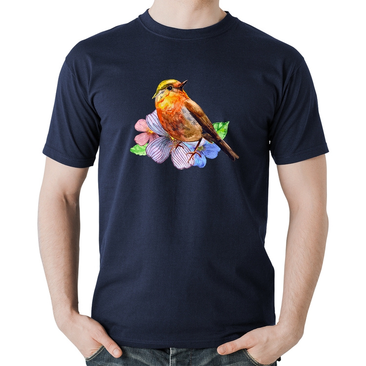 Camiseta Algodão Pássaro e Flores - Marinho