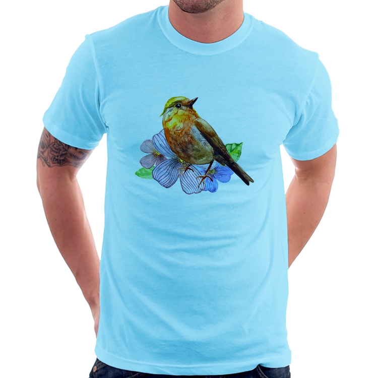 Camiseta Pássaro e Flores - Azul Bebê