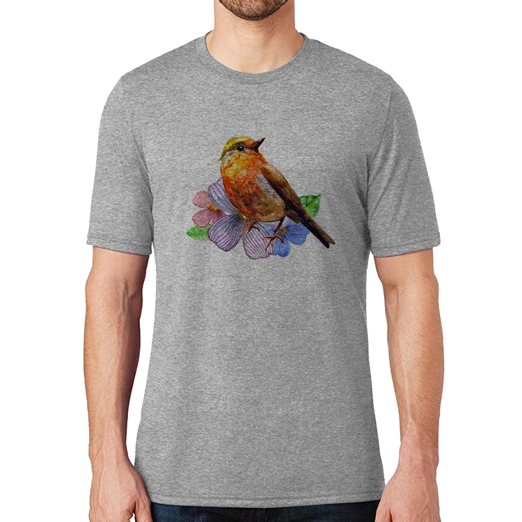 Camiseta Pássaro e Flores - Cinza