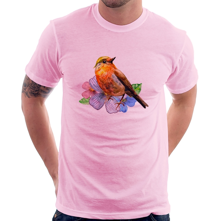 Camiseta Pássaro e Flores - Rosa Bebê