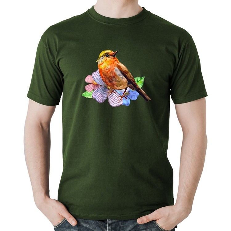Camiseta Algodão Pássaro e Flores - Musgo