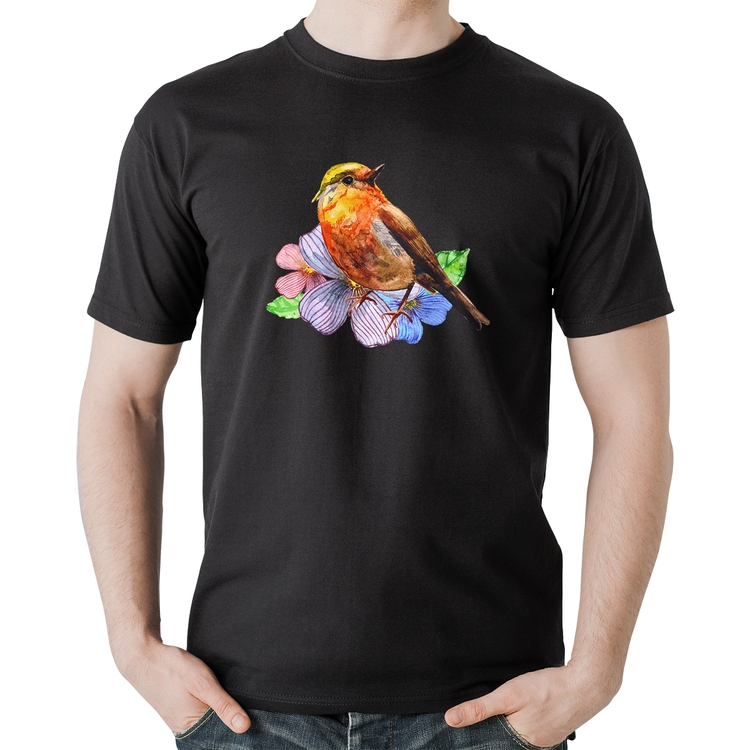 Camiseta Algodão Pássaro e Flores